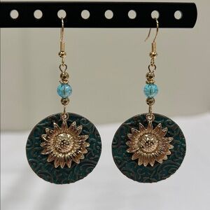 Gold and Blue Sunflower Earrings